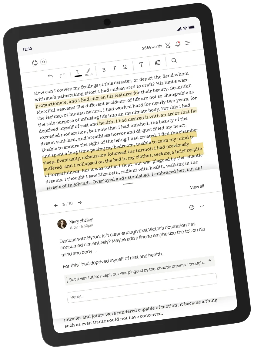 A draft with comments in Ellipsus on a tablet